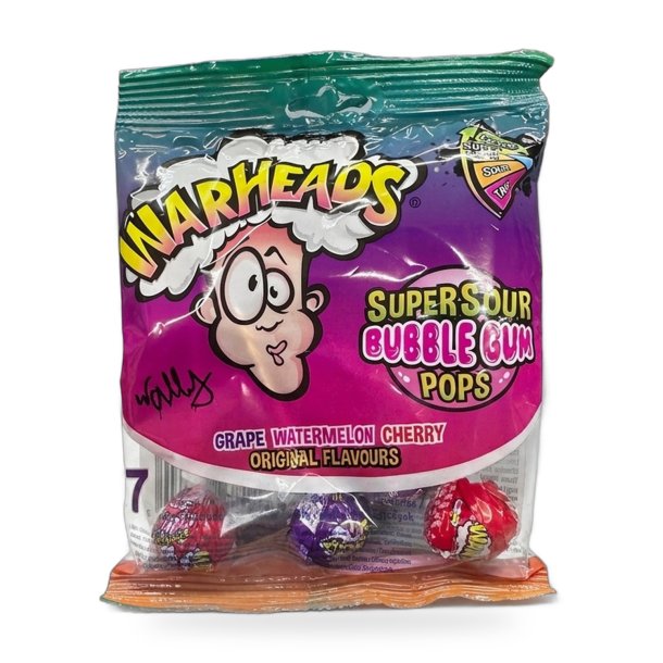 Warheads Super Sour Bubble Gum Pops Original Flavours - 7 stk.