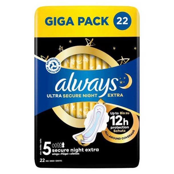 Always Ultra Secure Night Extra Wings Giga Pack 22 stk.