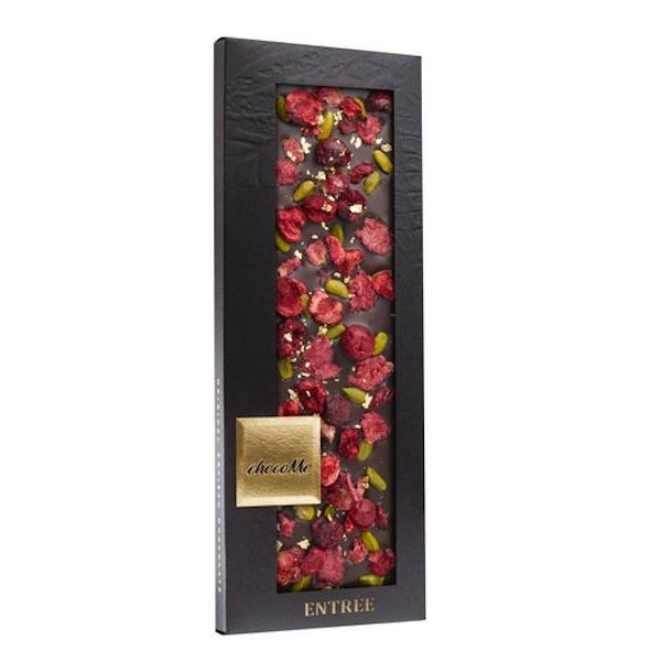 ChocoMe Luksus M�rk Chokolade med Pistacier, Rosenblade &amp; Fryset�rret Kirseb�r 110g